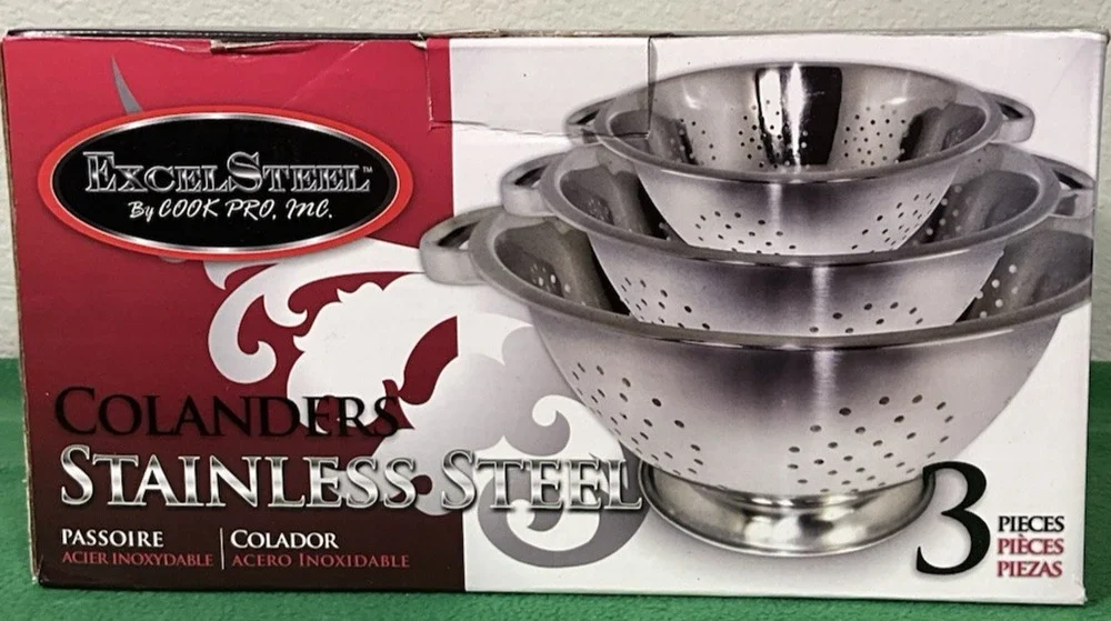 Brand New 3 Piece Set ExcelSteel Colander set w/ Sturdy Base, Stainless Steel